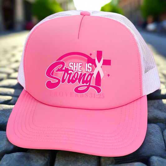 She Is Strong Pink Ribbon Foam Front Mesh Trucker Cap